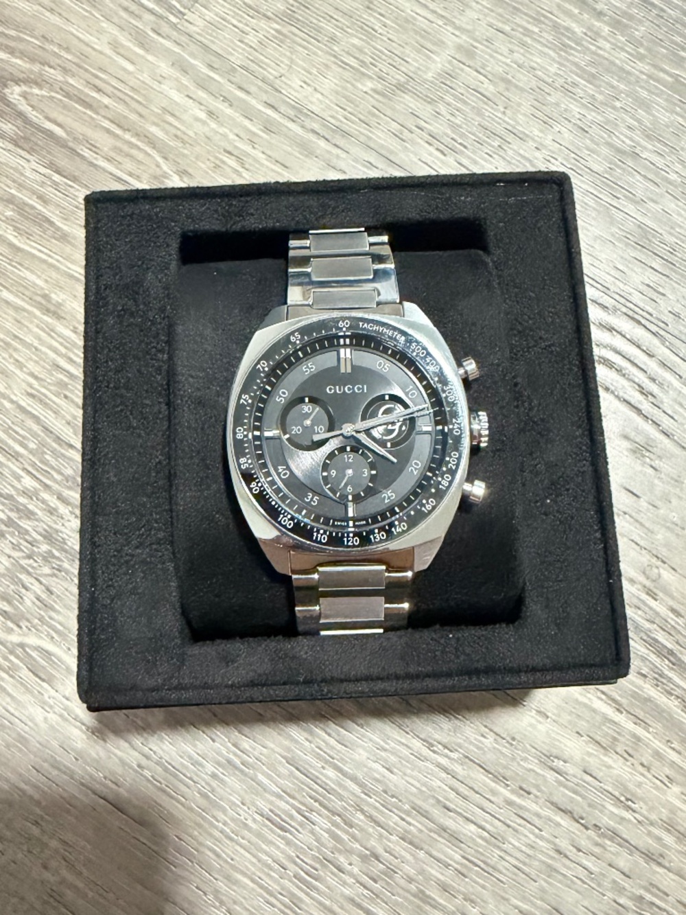 GUCCI WATCH 41MM SS INTLKG G CHRONO BLK DE BRAC